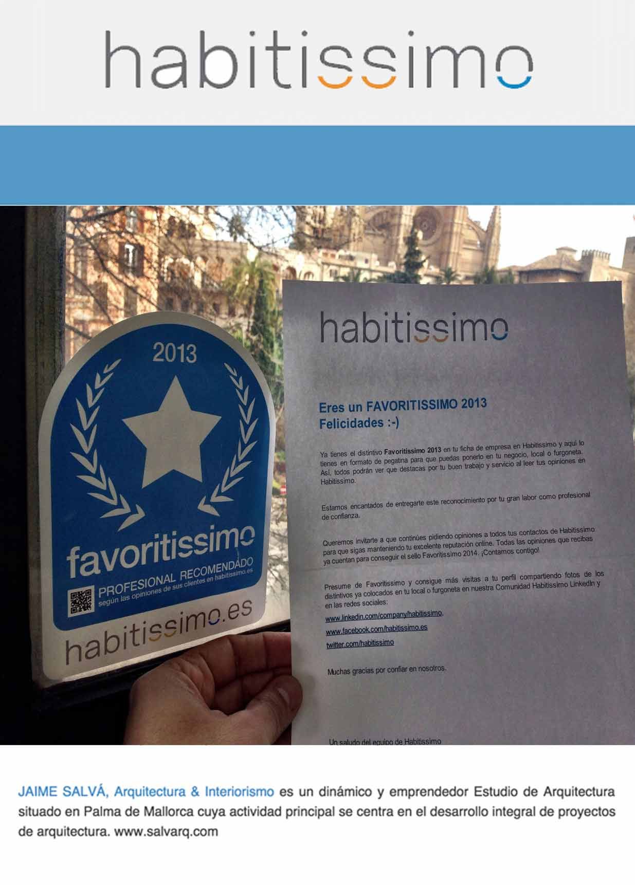 Premio “FAVORITISSIMO 2013” por “HABITISSIMO”